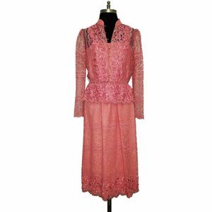 Vtg 70s 2PC Lace Dress & Matching  Peplum Jacket S